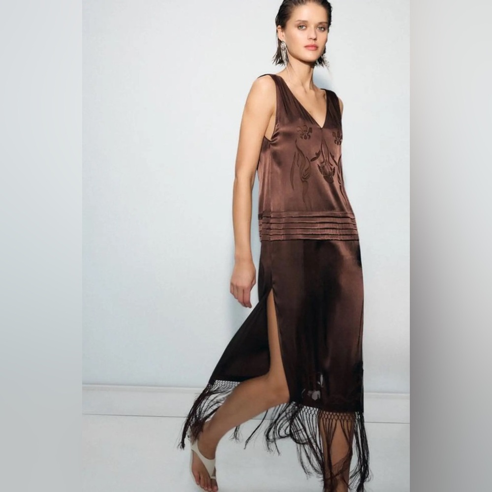 Zara Brown Satin Fringe Midi Dress